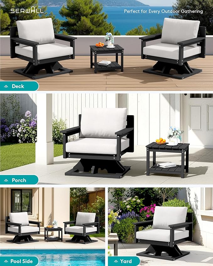 SERWALL Outdoor Swivel Chairs Set of 2, HDPE All-Weather Patio Swivel Sofas with Thick Cushions for Porch, Balcony, Black Frame with Beige Cushions
