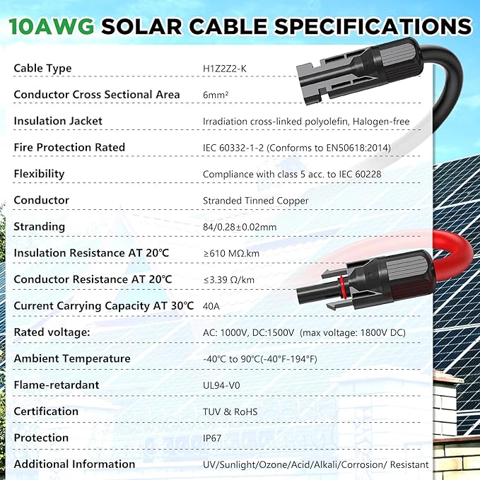 Oududuanzi Solar Extension Cable 50Ft, Solar Wire 12AWG, 12Gauge Tinned Copper PV Wire, Solar Panel Cables and Connectors for Home RV Boat Camping Solar Panels
