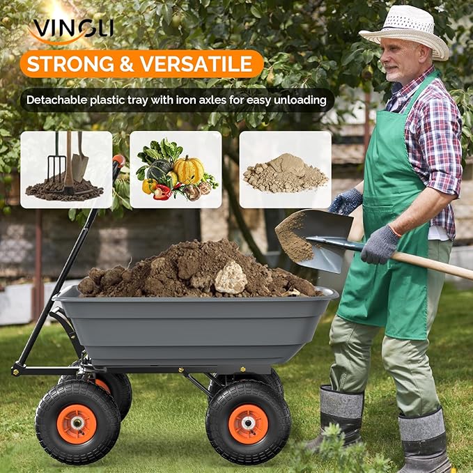 VINGLI Wheelbarrow, Plastic and Steel Wheel Barrel, Garden Cart for Lawn, Gardening, Construction (Gray)