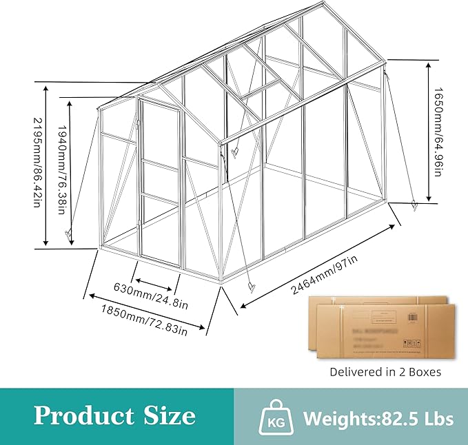 KEIKI 6x8 FT Polycarbonate Greenhouse for Outdoors, Heavy-Duty Aluminum Walk-in Greenhouse with Raised Base, Roof Vent & Drainage System, All-Season Garden Greenhouse, Black