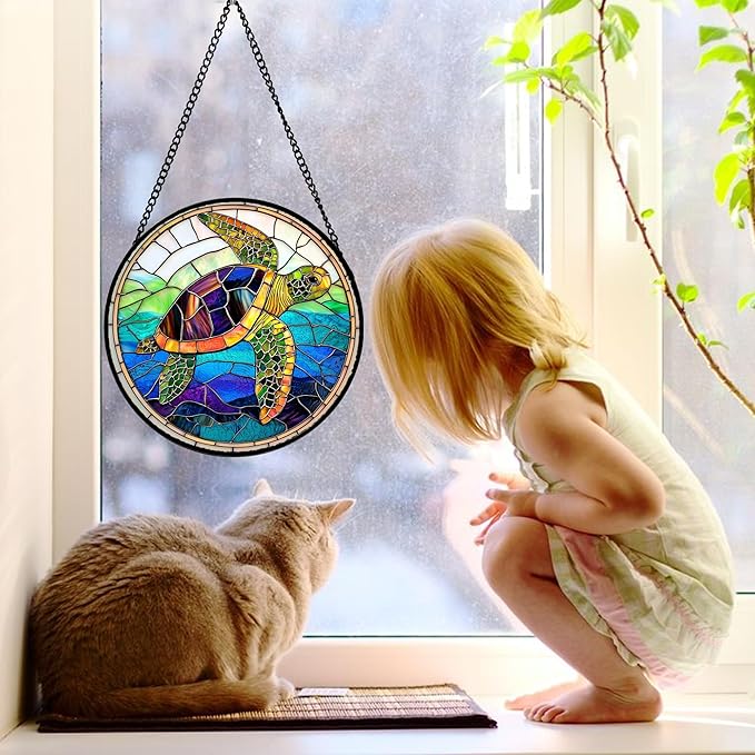 DASTOLL Stained Glass Window Hanging, Colored Turtle Ocean Suncatcher Diamond Glass Panel Hangings Marine Life Sun Catchers Decor for Birthday for Women, Men, Wife, Aunt, Mom 15x15 in