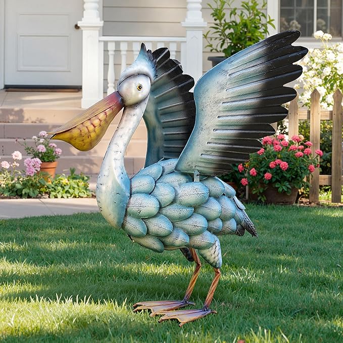 Ultym 18.5" Metal Pelican Yard Decor - Handmade Large Coastal Ocean Bird Sculptures with Stable Ground Stakes, Backyard Decoration, Metal Garden Art