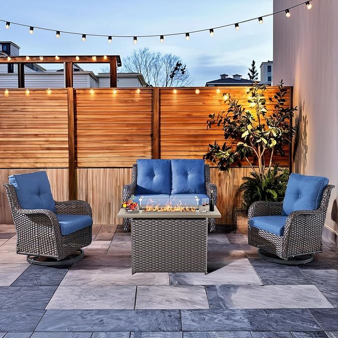 HUMMUH 4-Piece Patio Furniture Set with Fire Pit Table Wicker Outdoor Swivel Rocker Patio Chairs High Back Loveseat Conversation Set for Porch, Backyard, Deck