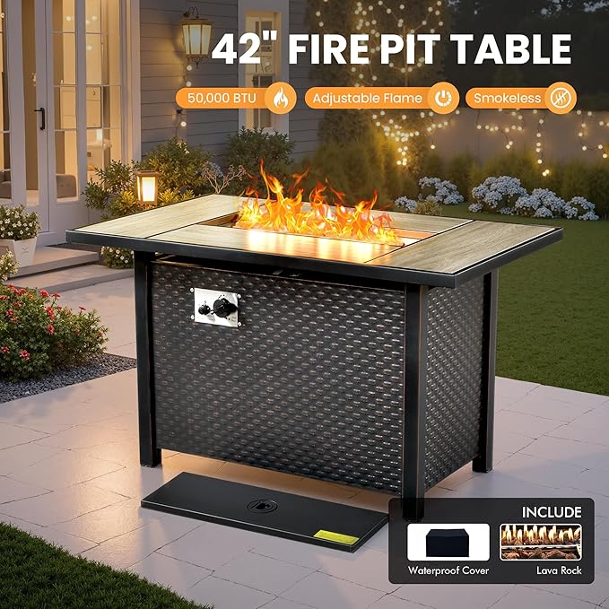 Outdoor Sectional Patio Furniture Set with Fire Pit Table and Glowing Table,8 Pieces Wicker Conversation Sets L Shaped Couch Out Door Sofa Set Outside Furniture for Garden Deck Yard,Black