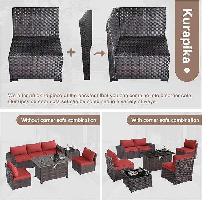 Kurapika 10 Pieces Patio Furniture Set, Rattan Wicker Outdoor Conversation Sets w/43in Propane Fire Pit Table, Swivel Rocking Chairs Patio Sectional Sofa w/4 Inch Cushion, Red