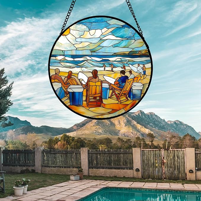 AMDERVEN Stained Glass Window Hanging 4 Pcs Set Blue Ocean Surfing Beach 9.8" - Suncatcher Door Garden Sun Catcher Decor Birthday Mother's Day for Firefighte Men Woman Nana Mom