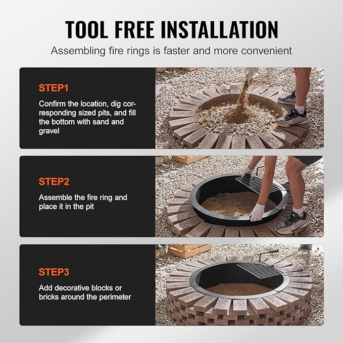 VEVOR Fire Pit Ring, Fire Pit Insert with Barbecue Fire Ring, 35-in Outer/31-In Inner Diameter, 8.5in Height, Carbon Steel Liner DIY Campfire Ring Above/In-Ground, for Outdoor Camping, Bonfires