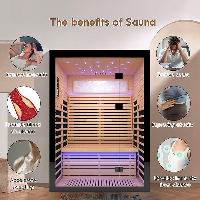 2 Person Infrared Sauna for Home-Luxury Spa with Exclusive Star Sky Roof & Oxygen Bar, 8 Low EMF Graphene Heaters, Bluetooth