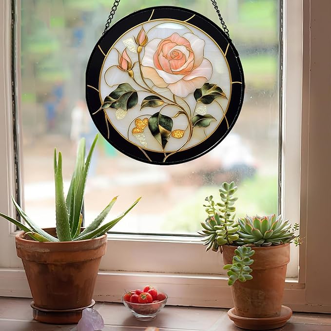 AMDERVEN Stained Glass Window Hanging - Black White Pink Rose Sun Catcher for Door Home Decor Flower Suncatcher Christmas Mother's Day Birthday Gifts for Women Men Lovers Mom Nana 11.8 in