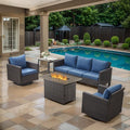 5 Piece Wicker Patio Furniture with Fire Pit Table - Outdoor Conversation Set with 50,000 BTU Fire Pit, All Weather Rattan Patio Set for Deck Backyard Garden - Brown Wicker Blue Cushion