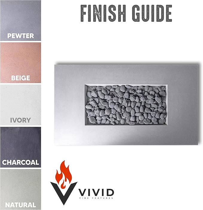 Vivid Heat - 60" Premium Mesa 2 Concrete Fire Bowl Heavy Cement Rectangle Propane Gas Fire Pit - Fire Table, Key Valve GFRC (Pewter)
