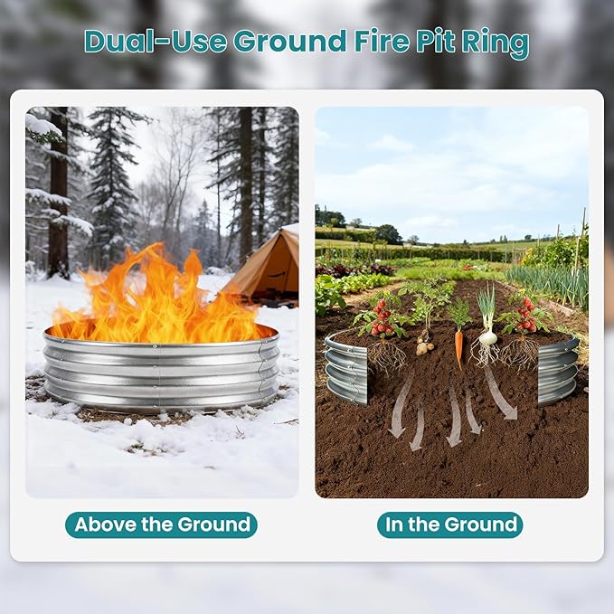 OLIXIS 4FT Round Fire Ring Pit, Outdoor Camp Firepit, Heavy Duty Galvanized Steel 48 Inch Foldable Outside Wood Burning Bonfire Fire Pit Ring for Camping, Backyard, Garden, Beach, Yard Gatherings