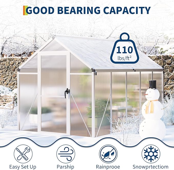 8 X 12 Ft Greenhouse, Greenhouses for Outside, Polycarbonate Greenhouse with Aluminum Frame, Lockable Door and Ajustable Roof Vent for Backyard, Green Houses for Outside Garden Backyard, Patio