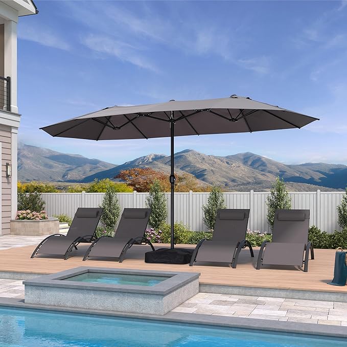 PURPLE LEAF 14ft Patio Market Umbrella with Base Double-Sided Rectangle Outdoor Table Sun Umbrellas with Crank 12 Heavy Duty Sturdy Ribs for Pool Beach Deck Backyard Gray