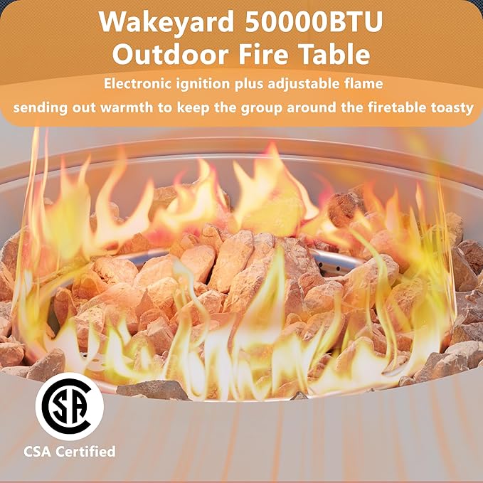 32 inch Round Propane Fire Table, 50,000 BTU Gas FirePit, Patio Fire Pit Table with Steel Lid, Rain Cover, 10ft Propane Hose, Lava Rocks, Grey