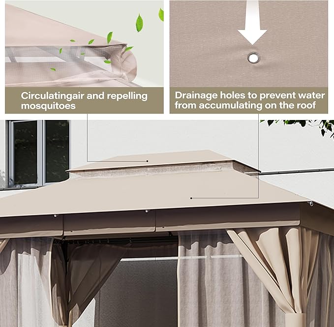 LAUSAINT HOME Outdoor Patio Gazebo 10'x13' with Expansion Bolts, Heavy Duty Party Tent & Shelter with Double Roofs, Mosquito Nettings and Privacy Screens for Backyard (Khaki)