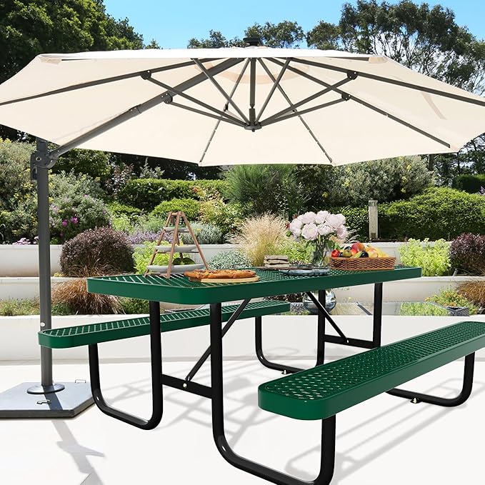 6FT Picnic Tables for Outdoors, Rectangular Commercial Metal Picnic Table Bench Set with Umbrella Hole,Heavy Duty Steel Weather-Resistant Dining Table for Patio Dining Garden Backyard BBQ School