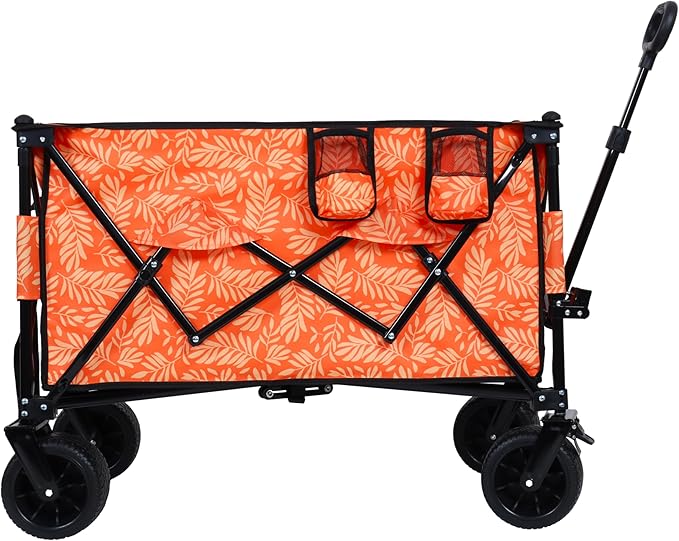 Collapsible Foldable Extended Wagon with 480lbs Weight Capacity, Heavy Duty Folding Utility Garden Cart with Big All-Terrain Beach Wheels & Drink Holders,Side Pocket and Brakes for Camping Sports