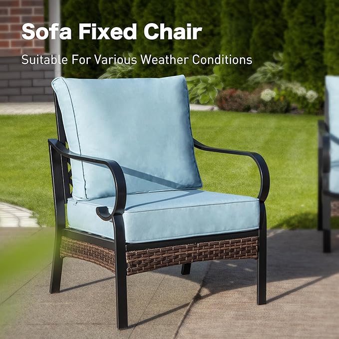 SUNSHINE VALLEY 4 Piece Black Metal Outdoor Patio Furniture Sets with Firepit Table, Patio Conversation Sets 1 3-Seater Sofa, 2 Single Sofa with 5.75" Thick Cushion Backyard Furniture for Deck, Blue