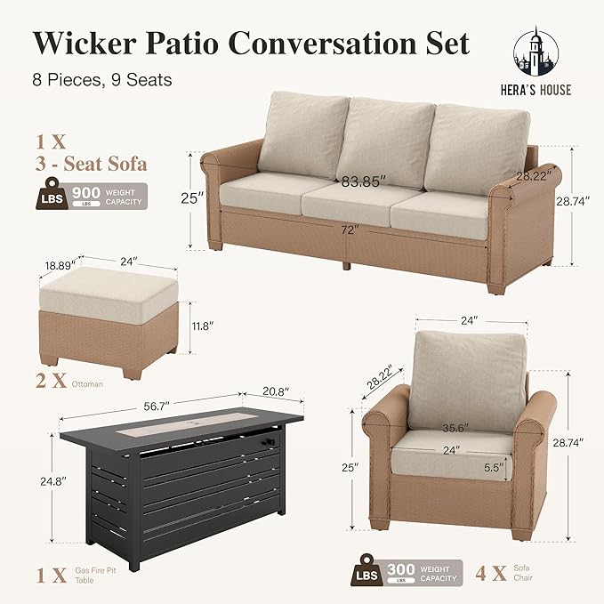 HERA'S HOUSE 8-Piece Patio Furniture Set, All Weather 9 Seats Outdoor Wicker Sofa with Ottomans, Rattan Patio Conversation Set with 5.5" Cushions and 57" Fire Pit Table, Beige
