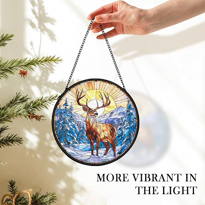 cvjutf Winter Wonderland Christmas Deer Suncatcher Stained Glass Window Hanging Decorstions, Landscape Stained Glass Wall Decor, Winter Solstice Gifts, Forest Garden Sun Catchers Window Art, 7.9x7.9In