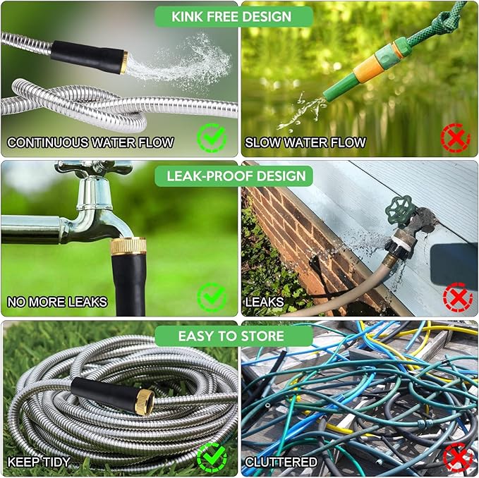 Garden Hose - Kink-Free Durable Flexible Garden Hoses with Swivel Handle and Multi-Functional Nozzles, Tangle Free, Rust Proof Lightweight Stainless Steel Metal Water Hose for Garden, Car, Lawn, Patio