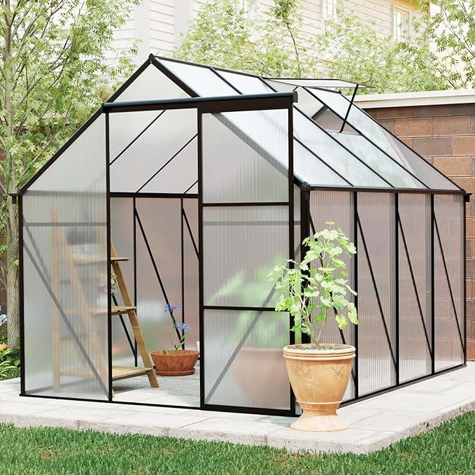 6×8 FT Black Polycarbonate Walk-in Greenhouse for Outdoor Backyard, Heavy-Duty Aluminum Frame with Sliding Door, Gutter System & Adjustable Roof Vent, Green House for Winter Gardening