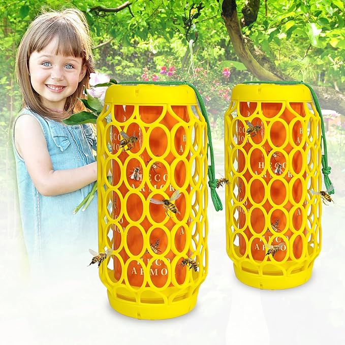 2 Pack Wasp Trap Outdoor Hanging, Wasps Traps for Patio with Honey Tray, 6 PCS Refillable Sticky Papers, Outdoor Sticky Yellow Jacket Bee Trap Insects Catcher, Fly Bug Insect Deterrent Killer