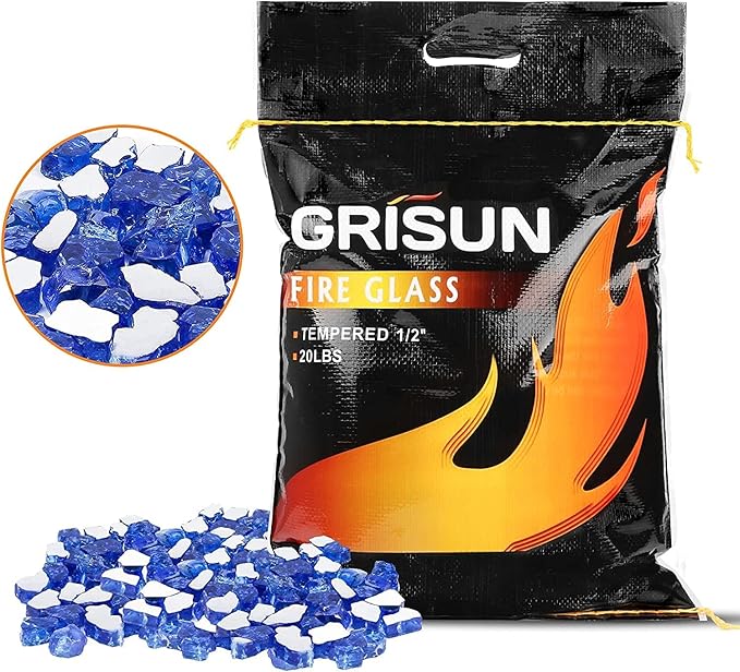 GRISUN Blue Fire Glass for Fire Pit, 20 Pounds 1/2 Inch High Luster Reflective Tempered Glass Rocks for Natural or Propane Fireplace, Safe for Outdoors and Indoors Firepit Glass