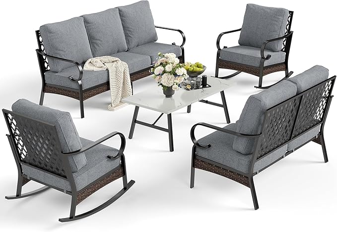 SUNSHINE VALLEY 5 Piece Metal Outdoor Patio Furniture Set, Patio Conversation Sets 3-Seater Sofa, 2-Seater Sofa, 2 Rocking Sofa with 5.75" Thick Cushion & Coffee Table Black Backyard Furniture, Gray