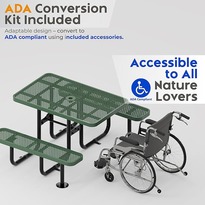 Commercial Heavy-Duty Metal Picnic Table - ADA Compliant, Adjustable Seats, Umbrella Hole, Expanded Metal (Green, 4' Rectangular)