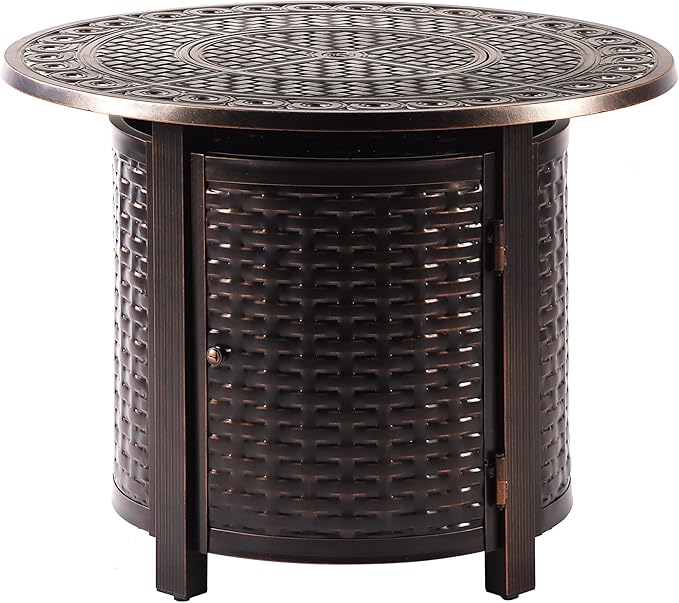 Aluminum 37,0000 BTU 34 in. Round Propane Black Fire Pit Table with Fire Beads, Lid, Propane Tank Cover and Table Fabric Covers in Copper Finish