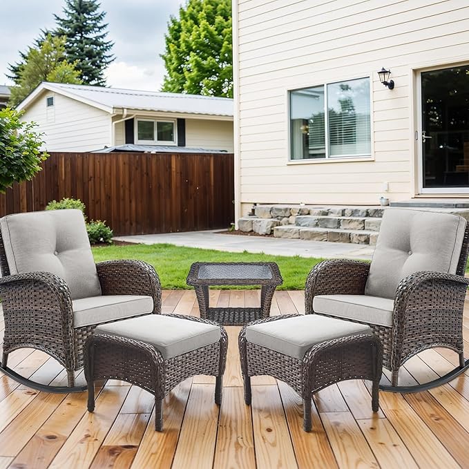 HUMMUH 5 Pieces Wicker Patio Furniture Set,Outdoor Rocker Chairs,Patio Ottomans,Glass Top Side Table,Outdoor Conversation Set for Porch Deck Backyard Poolside