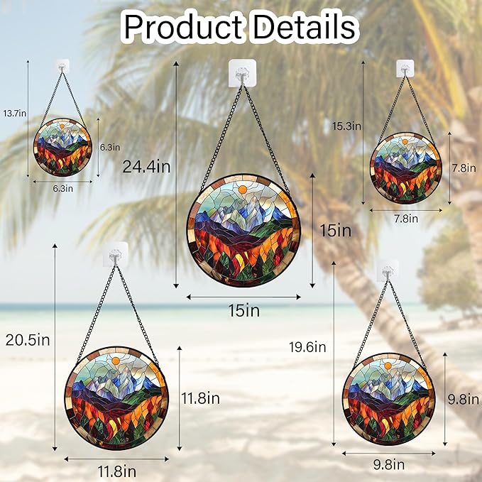 QZQCBLC Stained Glass Window Hanging Orange Sun Colorful Mountains Landscape Large 11.8" - Suncatcher Door Garden Sun Catcher Home Decor Birthday Christmas for Mom Men Woman Friend