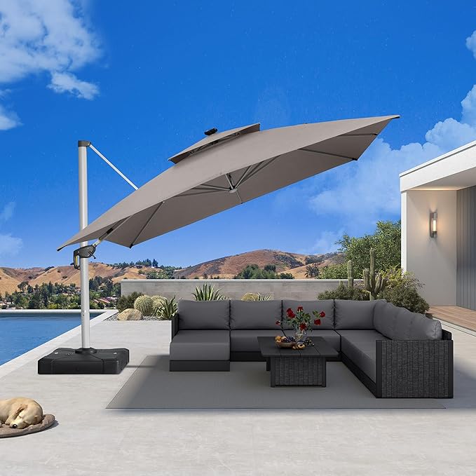 PURPLE LEAF 12' X 12' Solar Powered LED Patio Large Umbrella Offset Double Top Hanging Umbrella Outdoor Market Umbrella for Garden, Heather Taupe