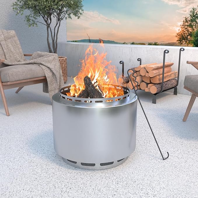 Kurapika 19-Inch Smokeless Fire Pit for Outside, Portable Outdoor Smokeless Stove - Wood Burning Stainless Steel Fireplace with Ash Poker & Carry Bag, Low Smoke Firepit for 4-6 People - Silver