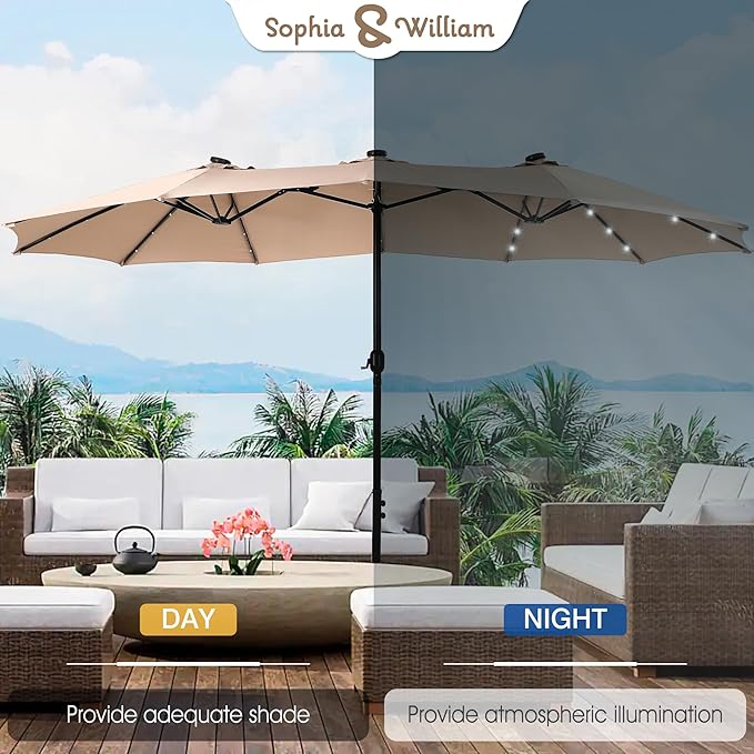 Sophia & William 15 ft Extra Large Patio Umbrella with Solar Lights, Rectangular Outdoor Umbrella with Base Included, Market Umbrella Double-sided Heavy Duty for Pool Garden Backyard, Beige