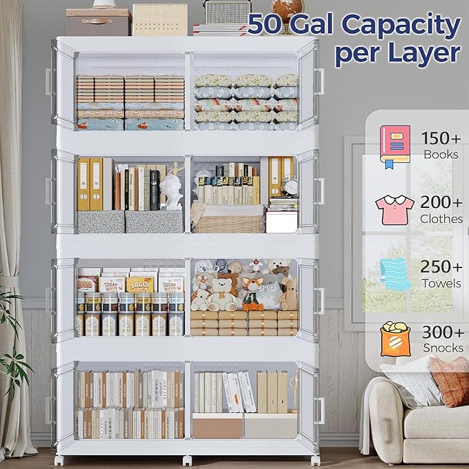 150GAL Storage Bins with Lid and Wheels, Stackable Closet Organizers and Storage Drawer, Collapsible Storages Box with Dividers, Foldable Plastic Cabinet for Room, Kitchen, 3 Pack White