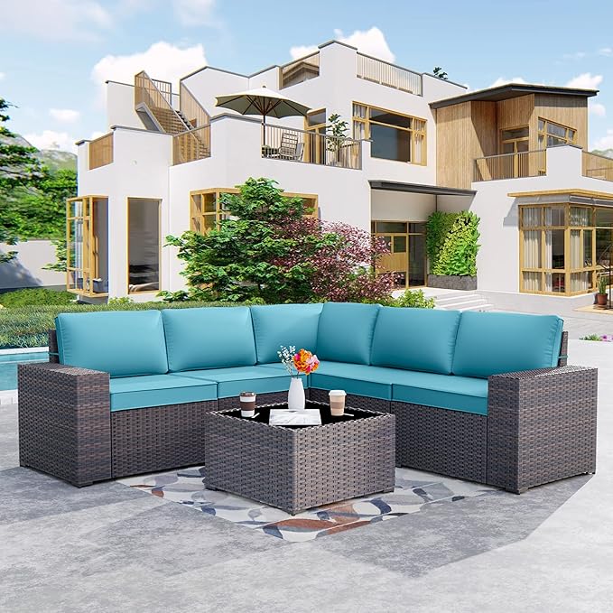 Kurapika 6 Pieces Patio Furniture Set, Rattan Wicker Outdoor Conversation Sets w/4 Inch Cushion and Glass Coffee Table(Blue)