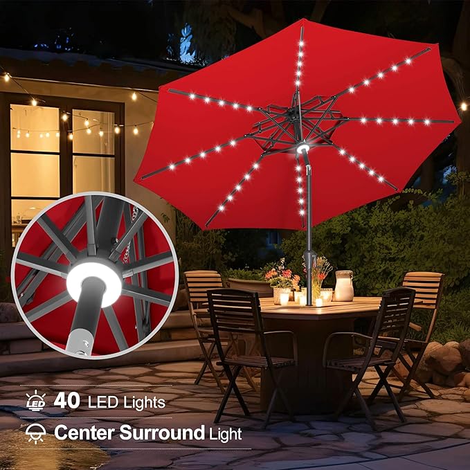 FLAME&SHADE 9 ft Double Top Solar Patio Outdoor Umbrella with 40 LED Lighted and Tilt, Market Table Umbrella for Pool, Porch, Garden, Deck, Yard Red
