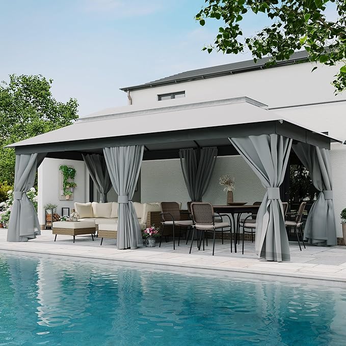 LAUSAINT HOME Gazebo 10x20ft, Heavy Duty Patio Gazebo with Expansion Bolts, Party Canopy Tent with Double Roofs, Mosquito Nettings and Privacy Screens for Backyard, Garden, Lawn, Grey