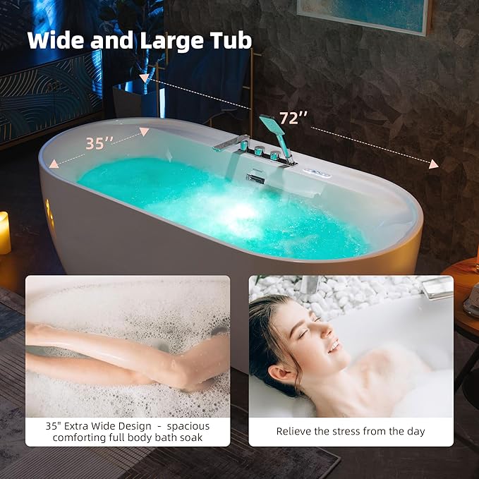 WOODBRIDGE 72" x 35-3/8" Whirlpool and Air Bath Heated Soaking Combination Tub with Adjustable Speed Air Blower, Tub Filler and Display Control Panel, White,BJ-500+F0041
