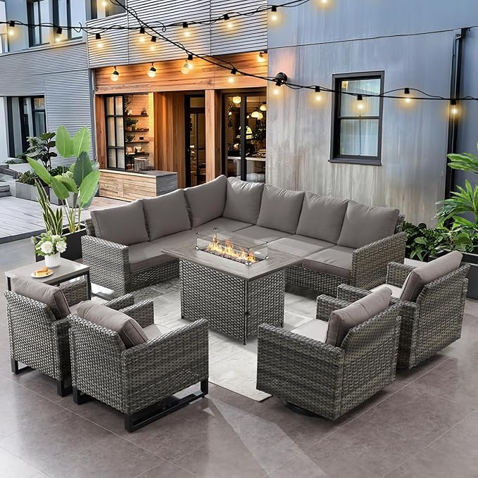 HUMMUH 8 Piece Patio Furniture with Fire Pit,PE Wicker Outdoor Conversation Sets-6-Seater Sofa,Patio Swivel Chairs Outdoor Chairs, Propane Fire Pit,Side Table for Porch,Garden,Backyard