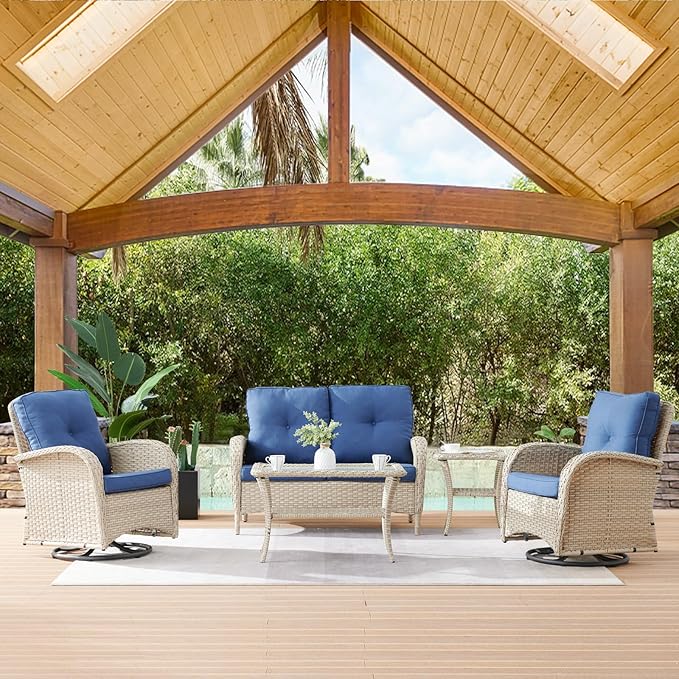 HUMMUH 5-Piece Patio Furniture Wicker Outdoor Conversation Set,All-Weather Rattan Swivel Chairs Bistro Set with Loveseat Coffee Table for Backyard,Poolside,Deck(Grey/Blue)