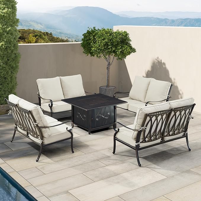Oakland Living Black Aluminum Patio Fire Table Set with Four Deep Seating Loveseat, Cushions and Wind Blocker