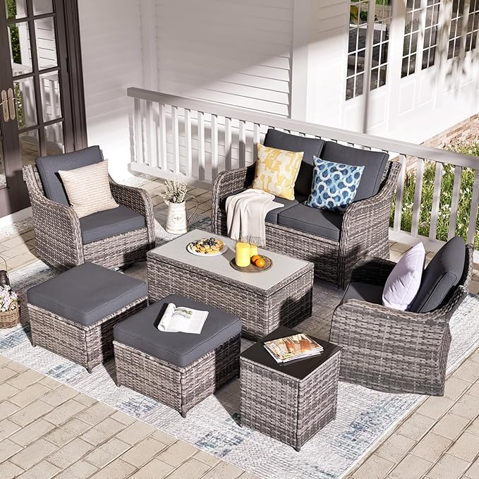 MEISSALIVVE Outdoor Patio Furniture Set with Swivel Chairs, 7 Pieces Wicker Rattan Sofa Couch with Loveseat, Patio Conversation Set with Rocker Patio Chair, 2 Ottomans and Coffee Table (Grey)