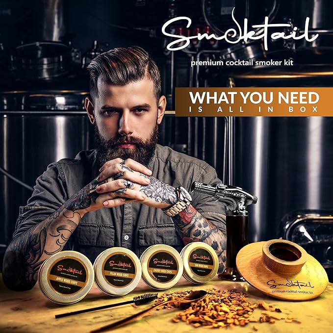 Cocktail Smoker Kit Vintage Box by Smoktail - Bourbon Smoker Set for Old-Fashioned & Whiskey Cocktails Infuser Kit for Party, 4 Flavor Wood chip - Gifts for Men & Women (Without Butane)
