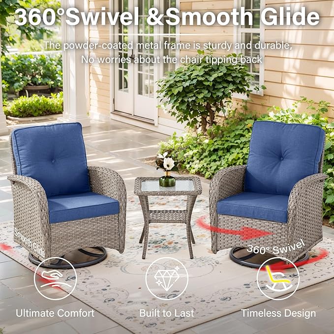Belord 7 Pieces Patio Furniture Set with Fire Pit Table - 4 Outdoor Swivel Rocker Chairs with 50000BTU Propane Fire Table and 2 Side Table, Outdoor Conversation Set for Casual Gathering Gray