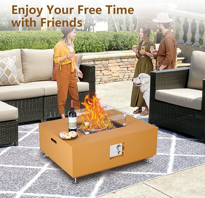 36" Outdoor Propane Fire Pit Table, 50000BTU Fire Table with Wind Guard, 11LBs Glass Beads & Rain Cover, Patio Heater with Anti-Rust Coating, Stainless Steel Gas Fire Pits for Outside Patio,Yellow