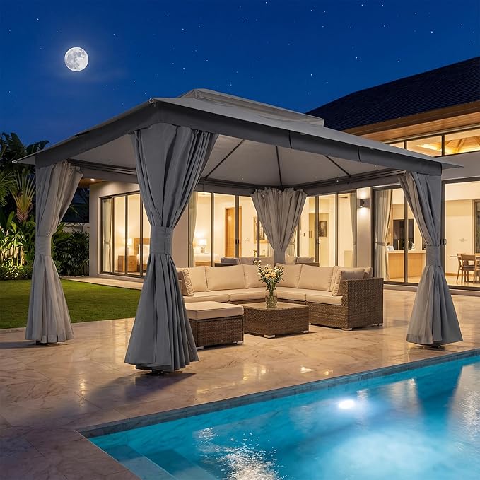 LAUSAINT HOME Outdoor Patio Gazebo 10'x13' with Expansion Bolts, Heavy Duty Party Tent & Shelter with Double Roofs, Mosquito Nettings and Privacy Screens for Backyard (Grey)